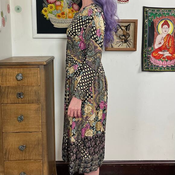 Vintage Faux Patchwork Print Dress, 1990s Bohemian Rayon Midi, Sz M April Rain - Picture 8 of 13